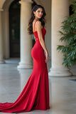 Red Matte Satin Sheath Spaghetti Straps Prom Dress