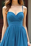 Blue Chiffon A Line Spaghetti Straps Ruched Prom Dress