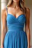 Chiffon A Line Blue Spaghetti Straps Ruched Prom Dress