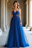 A Line Dark Blue Spaghetti Straps Sweetheart Long Prom Dress