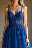 A Line Dark Blue Spaghetti Straps Sweetheart Long Prom Dress