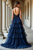 Navy A Line Spaghetti Straps Long Prom Dress with Ruffles