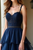 Navy A Line Spaghetti Straps Long Prom Dress with Ruffles