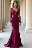 V-Neck Sparkly Burgundy Mermaid Long Formal Dress with Long Sleeves