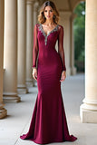 V-Neck Sparkly Burgundy Mermaid Long Formal Dress with Long Sleeves