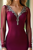 V-Neck Sparkly Burgundy Mermaid Long Formal Dress with Long Sleeves