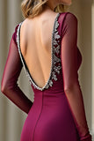 V-Neck Sparkly Burgundy Mermaid Long Formal Dress with Long Sleeves