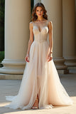 A Line Champagne Spaghetti Straps Long Prom Dress