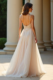 A Line Champagne Spaghetti Straps Long Prom Dress