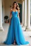 A Line Blue Strapless Pleated Long Prom Dress with Slit