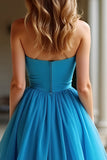 A Line Blue Strapless Pleated Long Prom Dress with Slit