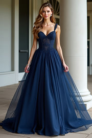 Navy Spaghetti Straps A Line Lace Long Prom Dress