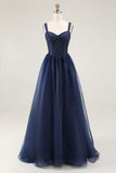 Navy Spaghetti Straps A Line Lace Long Prom Dress