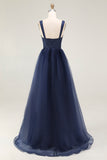 Navy Spaghetti Straps A Line Lace Long Prom Dress