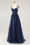 Navy Spaghetti Straps A Line Lace Long Prom Dress