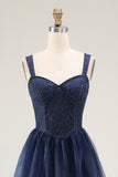 Navy A Line Spaghetti Straps Lace Long Prom Dress with Beading