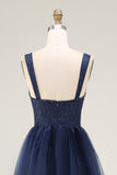 Navy Spaghetti Straps A Line Lace Long Prom Dress