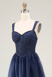 Navy Spaghetti Straps A Line Lace Long Prom Dress