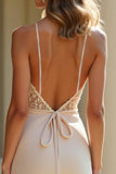 Sheath Champagne Stretch Satin Spaghetti Straps Long Prom Dress