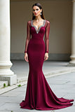 Elegant Mermaid Backless Burgundy Formal Dress with Long Sleeves