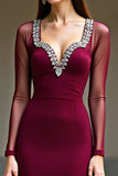 Elegant Mermaid Backless Burgundy Formal Dress with Long Sleeves