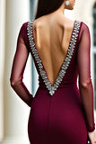 Elegant Mermaid Backless Burgundy Formal Dress with Long Sleeves