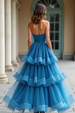 Blue Strapless Pleated A Line Tiered Long Prom Dress