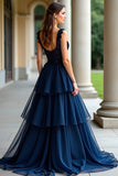 Navy A Line Spaghetti Straps Tiered Lace Long Prom Dress