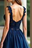 Navy A Line Spaghetti Straps Tiered Lace Long Prom Dress