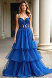 A Line Royal Blue Spaghetti Straps Lace Long Prom Dress