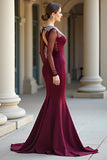 Sparkly Round Neck Mermaid Burgundy Formal Dress with Long Sleeves