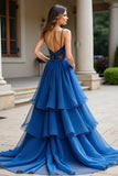 Dark Blue Lace A Line Tiered Spaghetti Straps Long Prom Dress