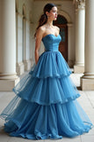 A Line Strapless Blue Tiered Organza Long Prom Dress