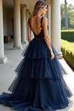 Navy A Line Spaghetti Straps Tiered Lace Long Prom Dress