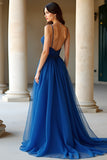 Dark Blue A Line Spaghetti Straps Organza Long Prom Dress