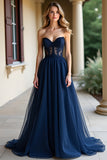 A Line Navy Strapless Lace Long Prom Dress