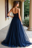 A Line Navy Strapless Lace Long Prom Dress