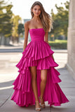 Fuchsia A-Line Strapless Ruched Ruffles Satin High-Low Prom Dress