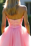 Pink A-Line Strapless Ruffles Tulle Long Prom Dress