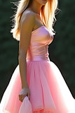 Pink A-Line Strapless Ruffles Tulle Long Prom Dress