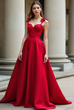 Red A-Line Bow Tie Spaghetti Straps Satin Long Prom Dress