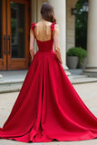 Red A-Line Bow Tie Spaghetti Straps Satin Long Prom Dress