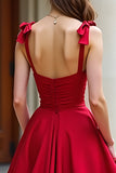 Red A-Line Bow Tie Spaghetti Straps Satin Long Prom Dress