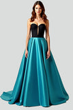 Black Peacock Blue A-Line Strapless Satin Long Prom Dress with Hollow Out