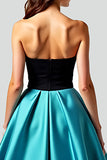 Black Peacock Blue A-Line Strapless Satin Long Prom Dress with Hollow Out