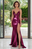 Metallic Dark Purple Mermaid Spaghetti Straps Ruched Long Prom Dress with Slit