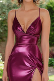 Metallic Dark Purple Mermaid Spaghetti Straps Ruched Long Prom Dress with Slit