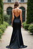 Sparkly Black Mermaid Strapless Satin Long Prom Dress with Rhinestones