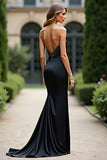 Sparkly Black Mermaid Strapless Satin Long Prom Dress with Rhinestones