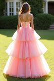 Pink Ball Gown Strapless Ruffles Tulle Long Prom Dress